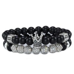   Páros ásvány karkötő - matt fekete ónix - CZ mikro kristályos ezüst színű korona és disco charm-ok - 2 db-os szett