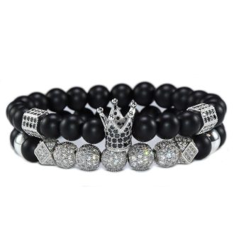   Páros ásvány karkötő - matt fekete ónix - CZ mikro kristályos ezüst színű korona és disco charm-ok - 2 db-os szett
