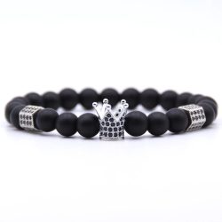   Ásvány karkötő matt fekete ónix - CZ mikro kristályos ezüst színű korona charm