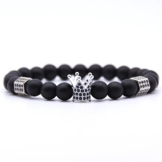   Ásvány karkötő matt fekete ónix - CZ mikro kristályos ezüst színű korona charm