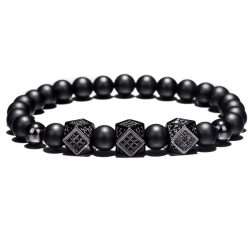   Ásvány karkötő matt fekete ónix - gun metal extravagáns sokszög CZ mikro kristályos charm