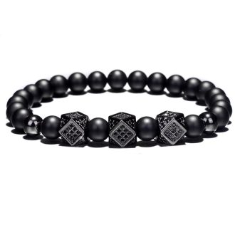   Ásvány karkötő matt fekete ónix - gun metal extravagáns sokszög CZ mikro kristályos charm