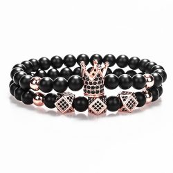   Páros ásvány karkötő - matt fekete ónix - rózsaarany színű korona fekete CZ mikro kristályokkal - extravagáns charm - 2 db-os szett