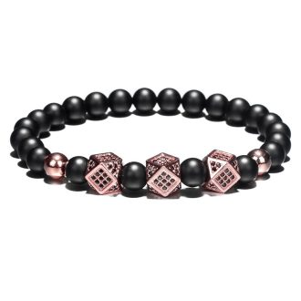   Ásvány karkötő matt fekete ónix - rózsaaranyozott extravagáns sokszög CZ mikro kristályos charm