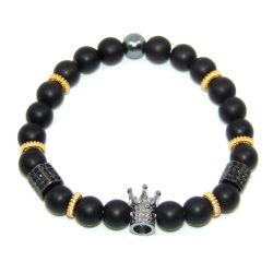   Ásvány karkötő fekete ónix - gun metal korona, hasáb charm, CZ mikro kristály