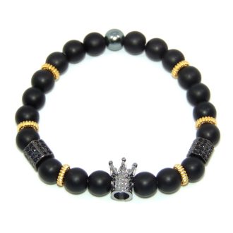  Ásvány karkötő fekete ónix - gun metal korona, hasáb charm, CZ mikro kristály