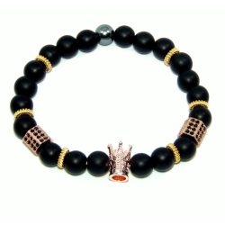   Ásvány karkötő fekete ónix rózsaarany színű korona és hasáb charm, CZ mikro kristály