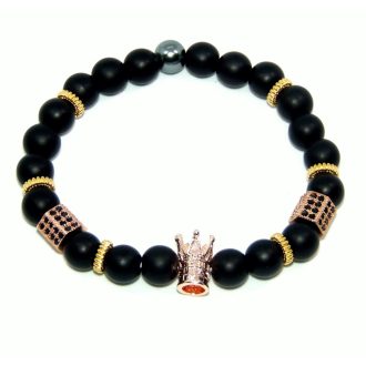   Ásvány karkötő fekete ónix rózsaarany színű korona és hasáb charm, CZ mikro kristály