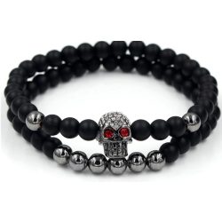   Páros ásvány karkötő matt fekete ónix - koponya CZ mikro kristályos charm, 2 db-os szett