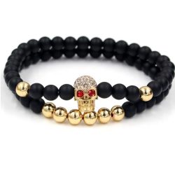   Páros ásvány karkötő matt fekete ónix - arany színű koponya CZ mikro kristályos charm, 2 db-os szett