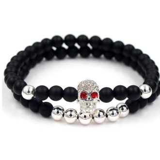   Páros ásvány karkötő matt fekete ónix - ezüst színű koponya CZ mikro kristályos charm - 2 db-os szett