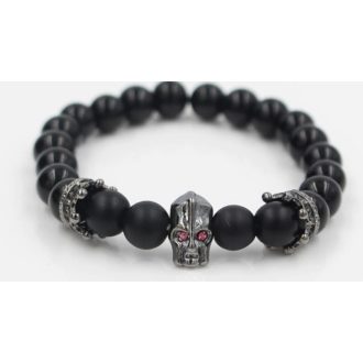   Ásvány karkötő matt fekete ónix - gun metal koponya és korona CZ mikro kristályos charm
