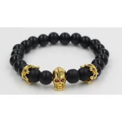   Ásvány karkötő matt fekete ónix - arany színű koponya és korona CZ mikro kristályos charm