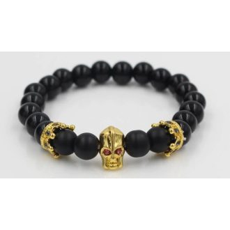   Ásvány karkötő matt fekete ónix - arany színű koponya és korona CZ mikro kristályos charm