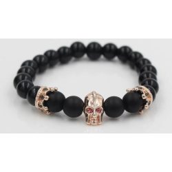   Ásvány karkötő matt fekete ónix - rózsaarany színű koponya és korona CZ mikro kristályos charm