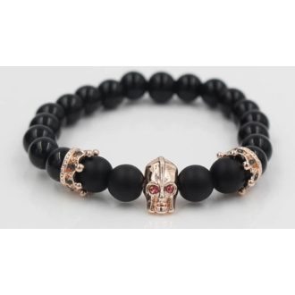   Ásvány karkötő matt fekete ónix - rózsaarany színű koponya és korona CZ mikro kristályos charm