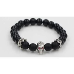   Ásvány karkötő matt fekete ónix - ezüst színű koponya és korona CZ mikro kristályos charm