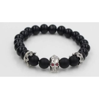   Ásvány karkötő matt fekete ónix - ezüst színű koponya és korona CZ mikro kristályos charm