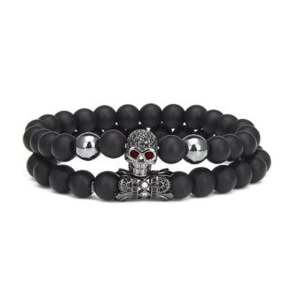   Ásvány karkötő matt fekete Onix, fekete koponya, cirkónium kristály charm 2 db-os szett