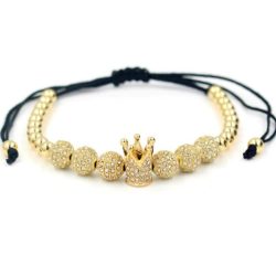   Állítható karkötő - CZ mikro kristályokkal díszített aranyozott korona és disco gömb charm-ok