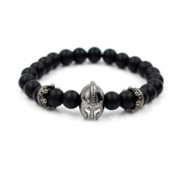   Ásvány karkötő matt fekete ónix - gun metal spartan sisak és koronák charm