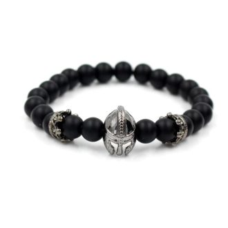   Ásvány karkötő matt fekete ónix - gun metal spartan sisak és koronák charm