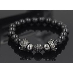   Ásvány karkötő fekete ónix - gun metal korona és fekete CZ mikro kristályos disco charm