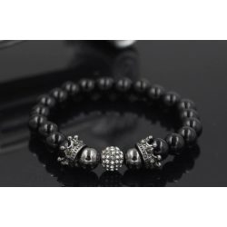   Ásvány karkötő fekete ónix - gun metal korona és fehér CZ mikro kristályos disco charm