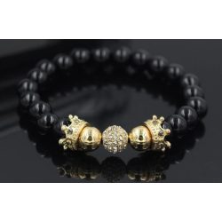   Ásvány karkötő fekete ónix - arany színű korona és fehér CZ mikro kristályos disco charm