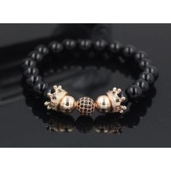   Ásvány karkötő fekete ónix - rózsaarany színű korona és fekete CZ mikro kristályos disco charm