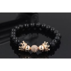   Ásvány karkötő fekete ónix - rózsaarany színű korona és fehér CZ mikro kristályos disco charm