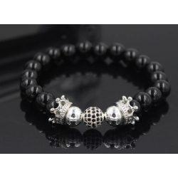   Ásvány karkötő fekete ónix - ezüst színű korona és fekete CZ mikro kristályos disco charm