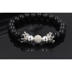   Ásvány karkötő fekete ónix - ezüst színű korona és fehér CZ mikro kristályos disco charm