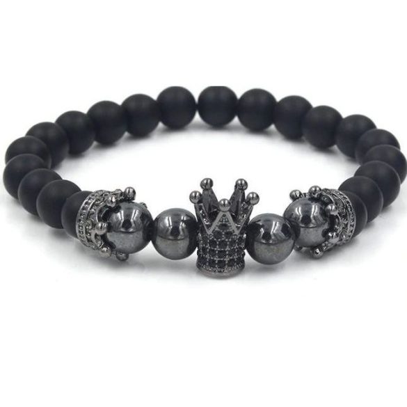 Ásvány karkötő fekete ónix - gunmetal koronák cirkónium mikro kristályos charm