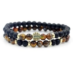   Páros ásvány karkötő matt fekete ónix és tigrisszem - aranyozott disco gömb CZ mikro kristályos charm, 2 db-os szett
