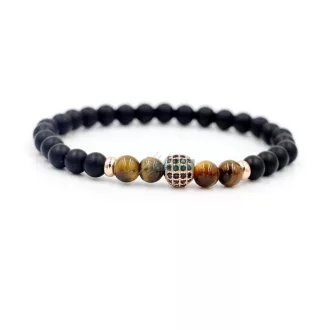   Ásvány karkötő matt fekete ónix és tigrisszem - aranyozott disco gömb CZ mikro kristályos charm