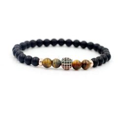   Ásvány karkötő matt fekete ónix és tigrisszem - rózsa aranyozott disco gömb CZ mikro kristályos charm