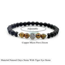   Ásvány karkötő matt fekete ónix és tigrisszem - ezüstözött disco gömb CZ mikro kristályos charm