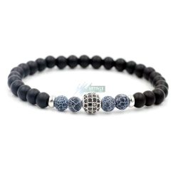  Ásvány karkötő matt fekete ónix és roppantott achát - ezüstözött disco gömb CZ mikro kristályos charm