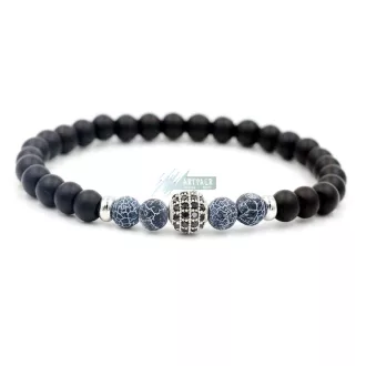   Ásvány karkötő matt fekete ónix és roppantott achát - ezüstözött disco gömb CZ mikro kristályos charm