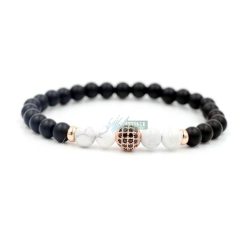   Ásvány karkötő matt fekete ónix és howlit - rózsa aranyozott disco gömb CZ mikro kristályos charm