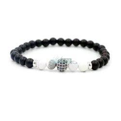   Ásvány karkötő matt fekete ónix és howlit - ezüstözött disco gömb CZ mikro kristályos charm