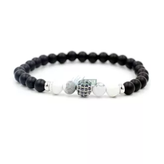   Ásvány karkötő matt fekete ónix és howlit - ezüstözött disco gömb CZ mikro kristályos charm