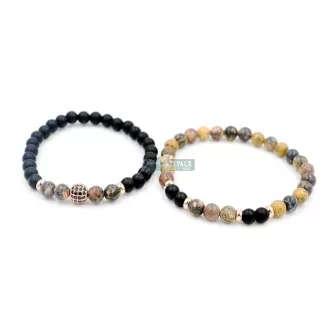   Páros ásvány karkötő matt fekete onix és leopárd jáspis rózsaarany Disco gömb CZ mikro kristály charm 2 db-os szett