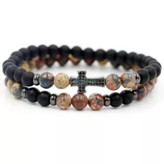   Páros ásvány karkötő matt fekete onix és leopárd jáspis fekete kereszt CZ mikro kristály charm 2 db-os szett