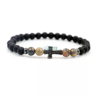   Ásvány karkötő matt fekete onix és leopárd jáspis fekete kereszt CZ mikro kristály charm