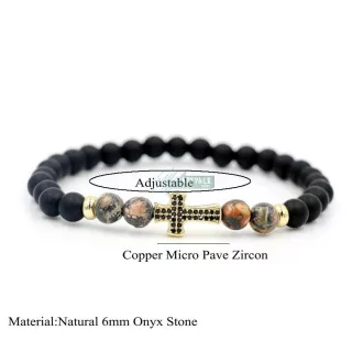   Ásvány karkötő matt fekete onix és leopárd jáspis arany kereszt CZ mikro kristály charm