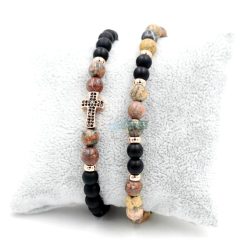   Páros ásvány karkötő matt fekete onix és leopárd jáspis rózsaarany kereszt CZ mikro kristály charm 2 db-os szett