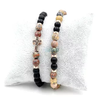   Páros ásvány karkötő matt fekete onix és leopárd jáspis rózsaarany kereszt CZ mikro kristály charm 2 db-os szett