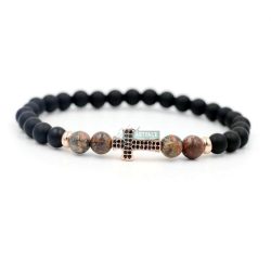   Ásvány karkötő matt fekete onix és leopárd jáspis rózsaarany kereszt CZ mikro kristály charm